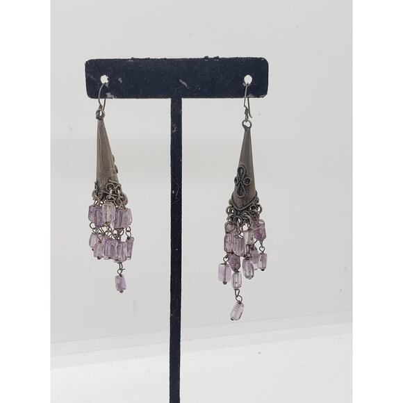 Vintage Silver Amethyst Earrings Chandelier Long Dangle Ethnic Tribal Movement - Picture 3 of 10